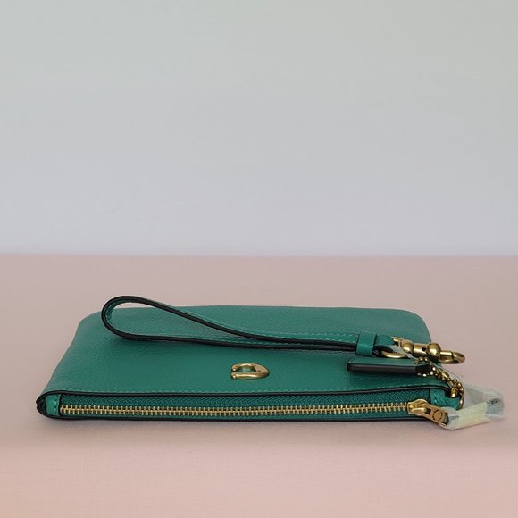 COACH Small Wristlet in Polished Pebbled Leather -Bright Green Color - Picture 10 of 16